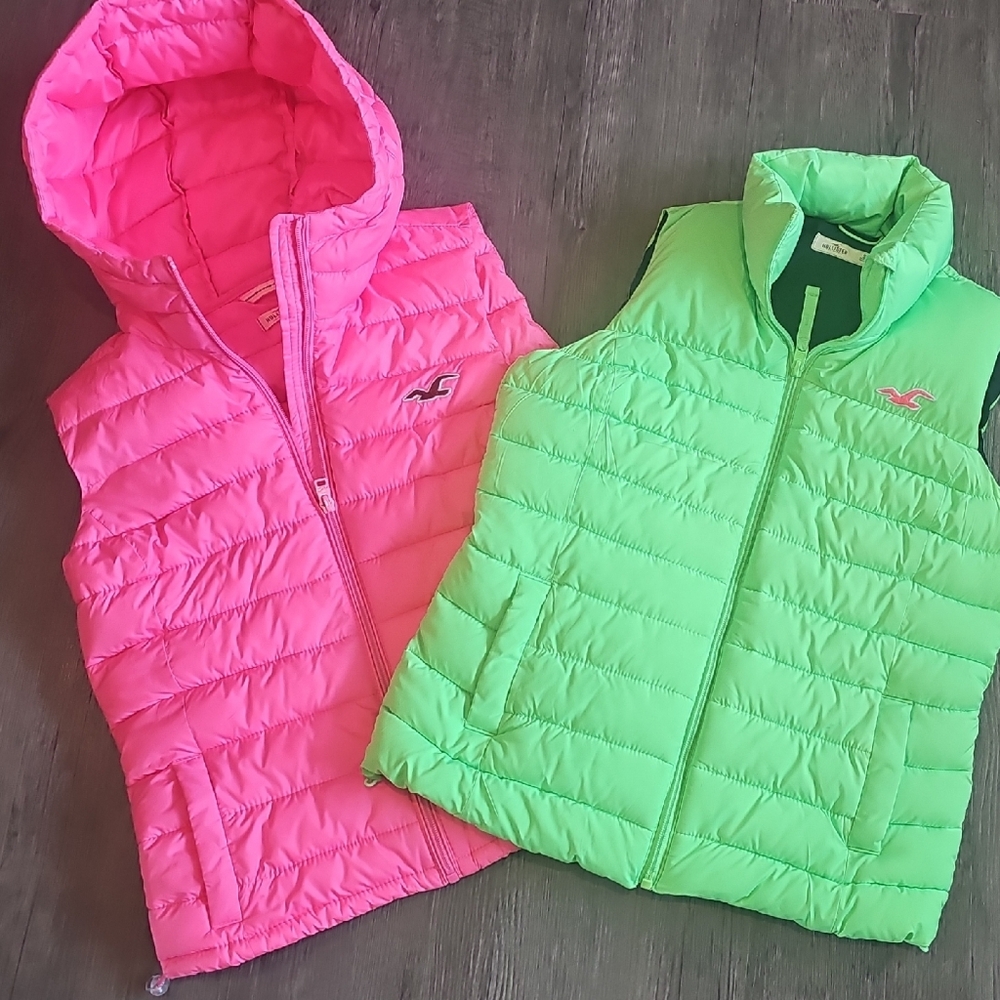 Hollister Pink and Green Puffer vests